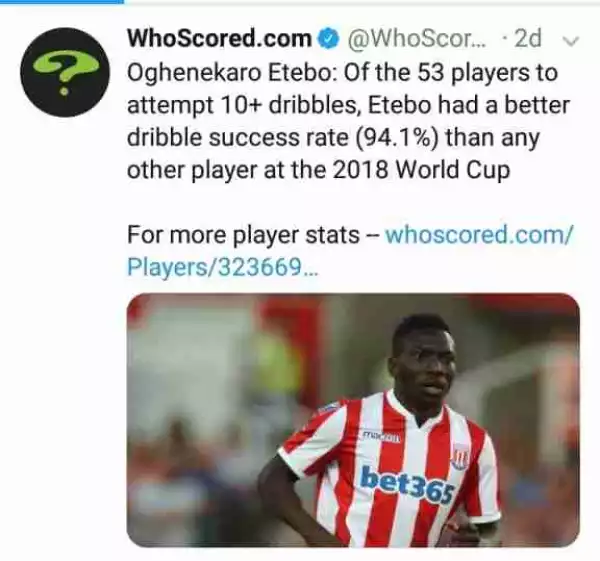 Oghenekaro Etebo Had The Most Successful Dribbles At The World Cup
